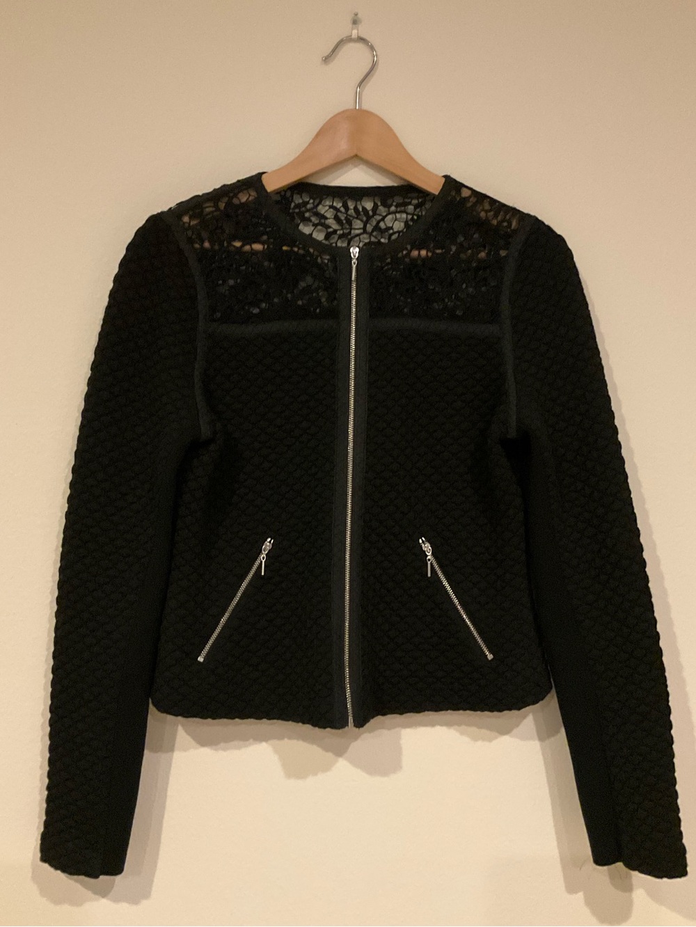 NWT Vintage Rebecca Taylor Black Quilted Lace Yoke Zip Jacket Size 8